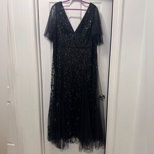 Ever Pretty Black V-Neck Sequin Leaf Tulle Maxi Dress
